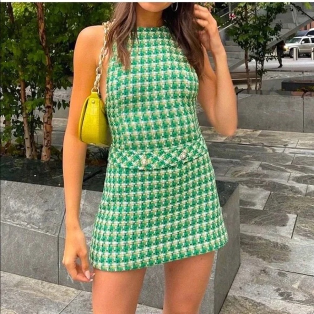 ZARA HOUNDSTOOTH TEXTURED PINAFORE DRESS